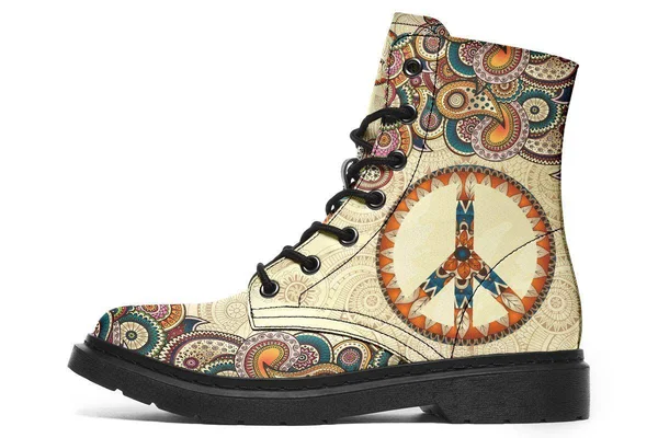 Tan Peace Mandala Boots - Peace Sign Boots, YesWeVibe Women's Boots, Black Sole, US 9, EU40.5