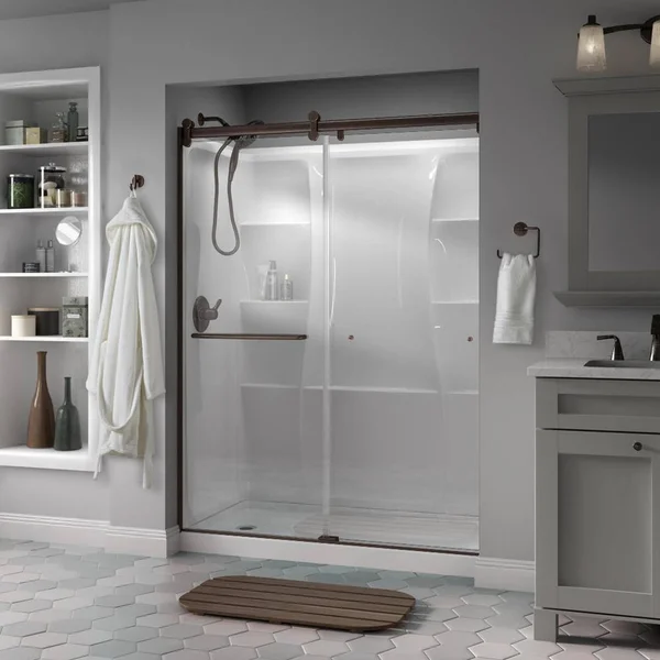 Delta Simplicity 60 x 71 in. Frameless Contemporary Sliding Shower Door in Bronze with Clear Glass