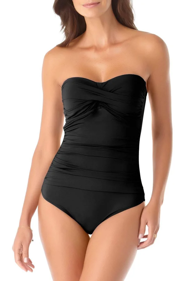 Anne Cole Womens Ruched Twist Front One-Piece Swimsuit Black 16