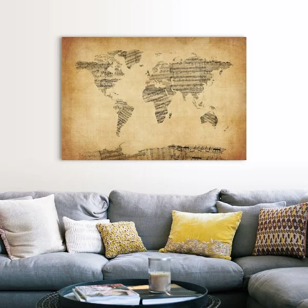 Map of The World Map from Old Sheet Music, Canvas Wall Art, 60x40, Great Big Canvas