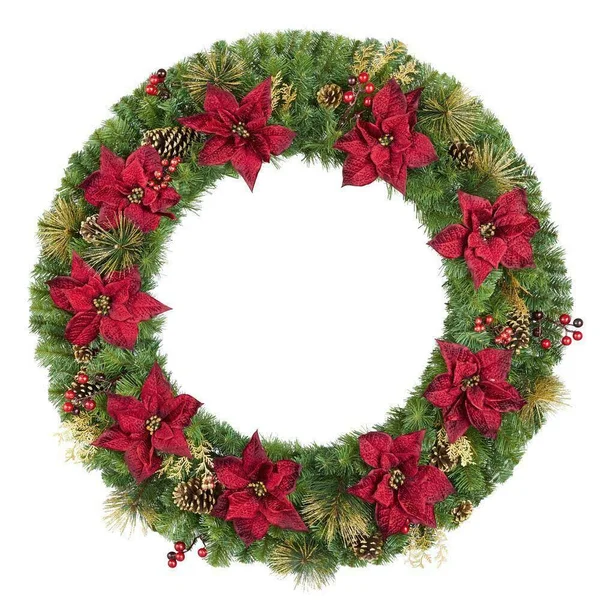 Home Holiday Accent 48 in. Burgundy Poinsettia Mixed Pine Wreath with Berries, Gold Glitter Cedar
