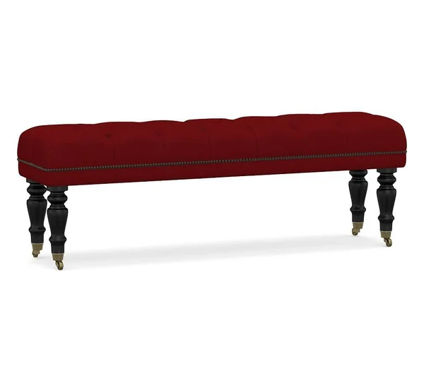 Pottery Barn Raleigh Upholstered Queen Bench Tufted with Turned Black Leg with Bronze Finished Nailhead, Polyester Wrapped Cushi