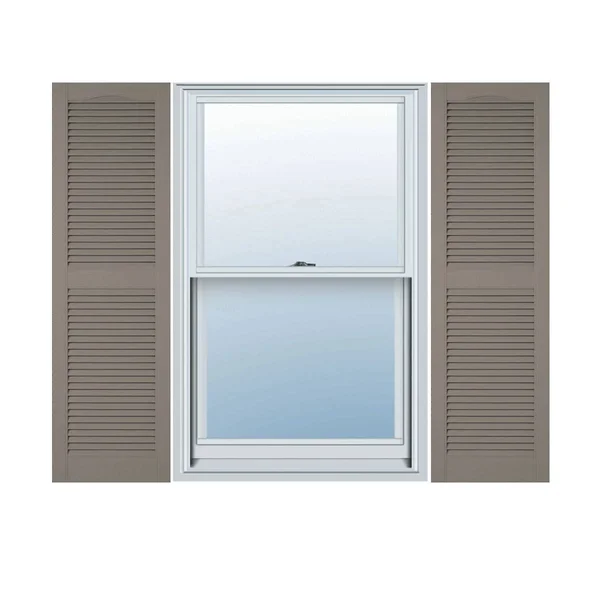 14 1/2x22W x 75x22H Lifetime Vinyl, Custom Cathedral Top Center Mullion, Open Louver Shutters, w/Shutter-Loks (Per Pair), Clay