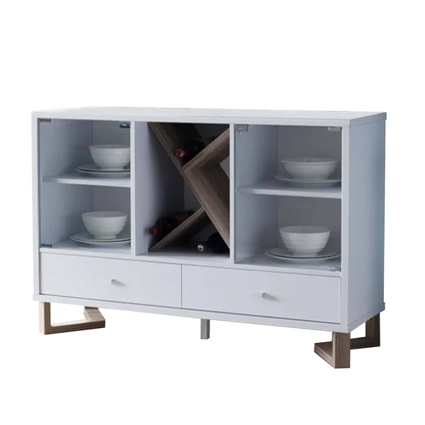 Wooden Buffet with Two Glass Paned Door and Four Interior Shelves White and Brown