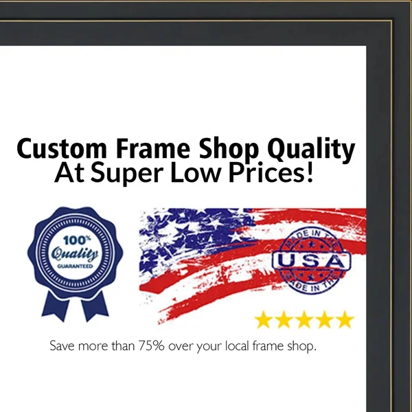 CustomPictureFrames.com 22x26 - 22 x 26 Black and Gold Pinstripe Solid Wood Frame with UV Framer&s Acrylic & Foam Board Back