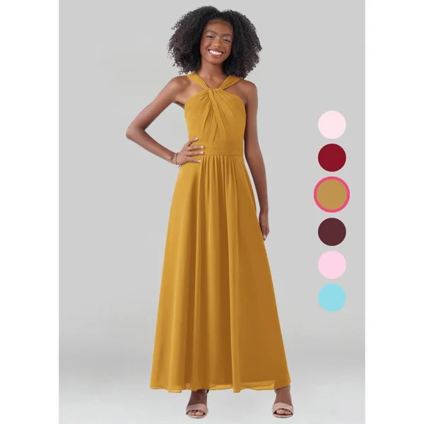 Azazie A-Line/Princess V-Neck Ankle-Length Chiffon Junior Bridesmaid Dresses - Butterscotch