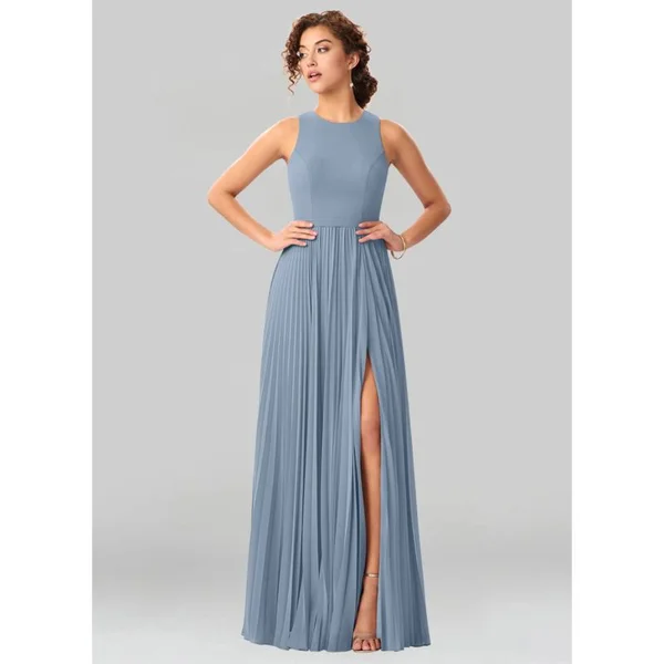 Azazie A-Line/Princess Scoop Floor-Length Chiffon Bridesmaid Dresses - Dusty Blue