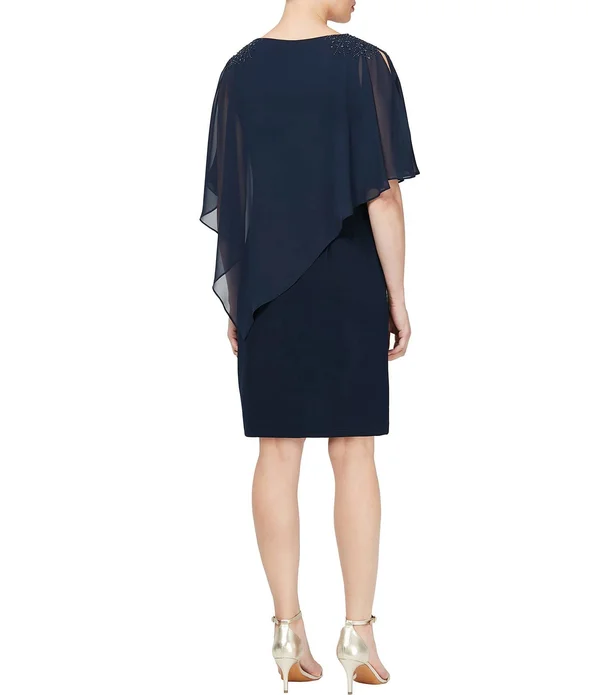Ignite Evenings Chiffon Asymmetric Overlay Beaded Shoulder Detail Round Neck Sheath Dress - 6