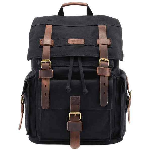 Kattee Men's Canvas Leather Hiking Travel Backpack - Black