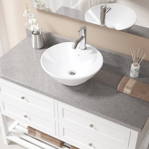 Mr Direct Vitreous China Circular Vessel Bathroom Sink with Faucet and Overflow - Size: 720 Faucet, White