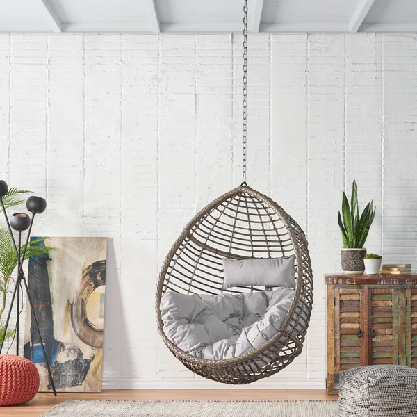 Hempstead Indoor/Outdoor Wicker Hanging Teardrop, Egg Chair (No Stand) Multi-Brown/Khaki