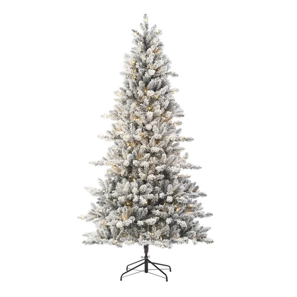 Holiday Time Green Pre-Lit Flocked Birmingham Fir Artificial Christmas Tree with Warm White LED Lights - 7.5 ft