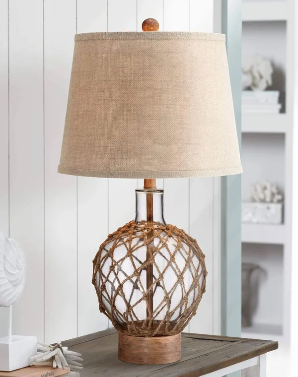 360 Lighting Nautical Table Lamp Clear Glass Rope Net Burlap Drum Shade for Living Room Family Bedroom Bedside Nightstand