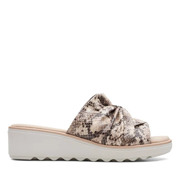 Clarks Women's Jillian Leap Wedge Slide - Size: 6, Taupe Snake Synthetic