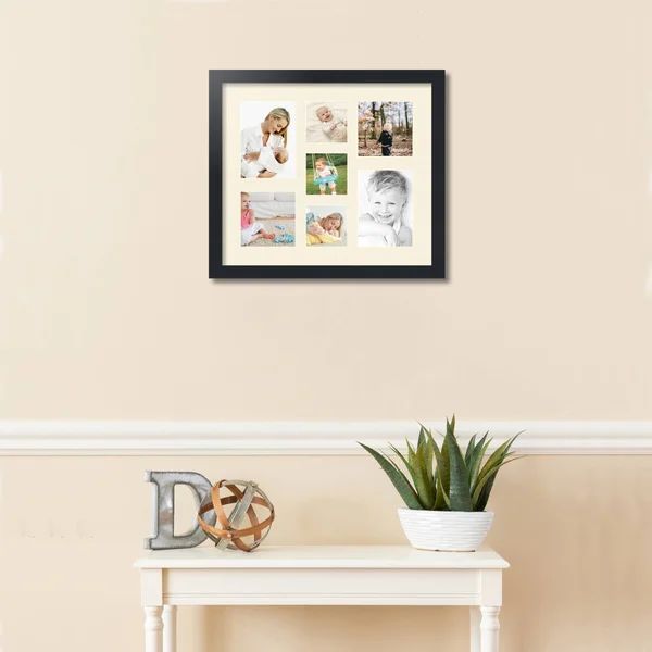 Collage Picture Frame - Satin Black Frame with 7 openings for 5x7 Photos with White Ivory Mat. D3926FY568, ArtToFrames