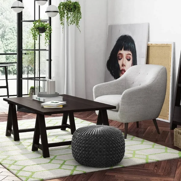 Simpli Home Renee Transitional Round Pouf in Slate Grey Velvet New