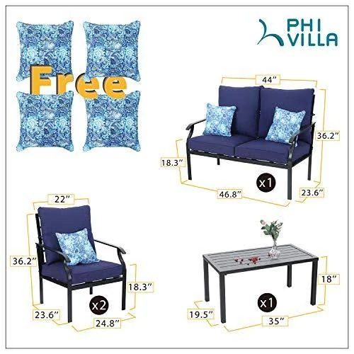 Phi Villa Metal 4 Piece Outdoor Patio Furniture Padded Conversation Set with 1 Loveseat, 2 Chairs, 1 Coffee Table & 4 Free P