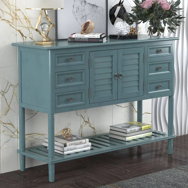 45&& Console Table Sofa Table with 6 Draweru0026 1 Cabinetu0026 1 Shelf, Green - Wood
