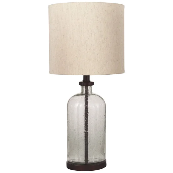 Benjara Cylindrical Seeded Glass Table Lamp with Fabric Drum Shade - Beige and Clear