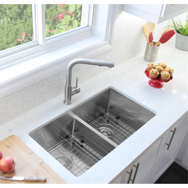 Stylish S-321XG 32x22L x 18x22W Double Basin Undermount Kitchen Sink with Grids and Strainers