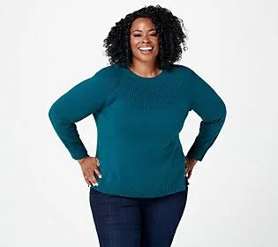 Isaac Mizrahi Live! Ribbed Neck PulloverSweater - Size Small, Midnight Green