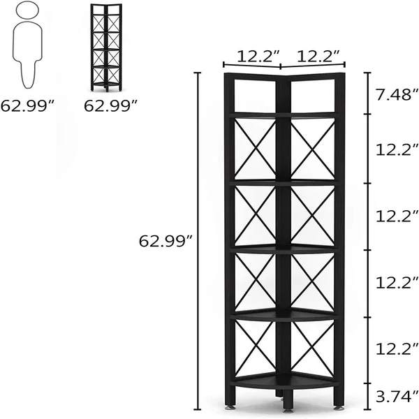 5 Tier Corner Shelf Unit Bookshelf Storage Rack Plant Stand - Black