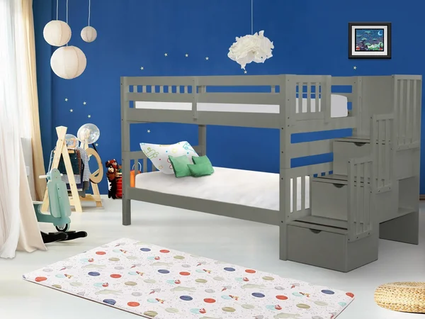 Bedz King Bunk Bed with Storage - Gray, Twin Over Twin