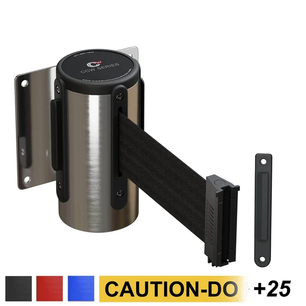 Wall Mounted Retractable Belt Barrier Fixed - Stainless Steel Case - 7.5 to 10 ft. Belt, CCW Series WMB-120 by Crowd Control Ware