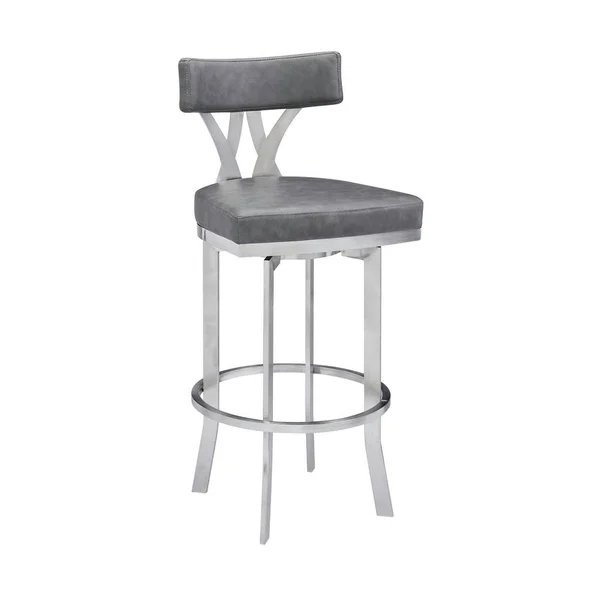 Armen Living Ozias Contemporary 30 in. Bar Height in Brushed Stainless Steel Finish and Vintage Grey Faux Leather Bar Stool, Gra