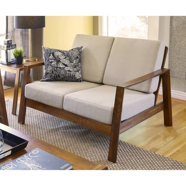 Carson Carrington Horuphav Mid-Century Tan Linen and Wood Loveseat