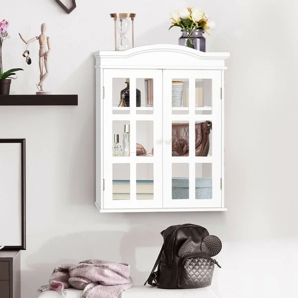 Wall-Mount Bathroom Storage Cabinet Medicine Organizer Double Doors - White