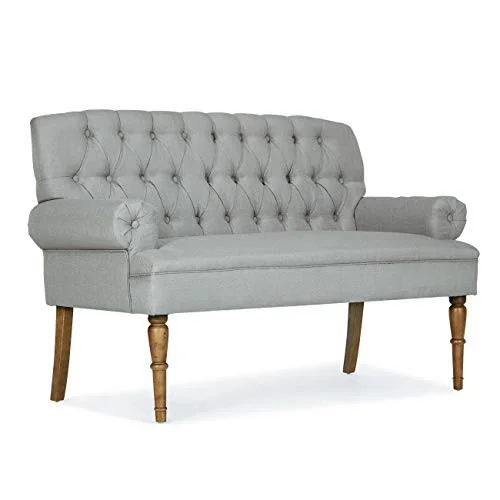 Grey Button Tufted Settee Vintage Sofa Bench Loveseat Upholstered Linen Fabric for Extra Comfort Wooden Legs High Back with Armr