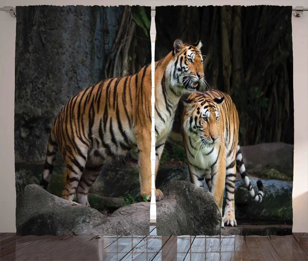 Ambesonne Animal Curtains, Tiger Couple in The Jungle on Big Rocks Image Wild Cats in Nature Image Print, Living Room Bedroom Wi