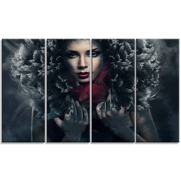 Design Art Passionate Woman in Feather Hood - Art Portrait Canvas Print - 60 x 28 5 Equal Panel