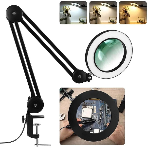 Veemagni Magnifying Glass Desk Lamp with CLAMP - 3 Color Modes, 5-Diopter, Stepless Dimming, Adjustable Swivel Arm and Stand, LED