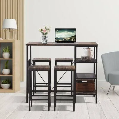 5 Piece Counter Height Dining Table Set, Industrial Style Bar Pub Table with 4 Backless Bar Stools for Home, Gray-Brown Finish L