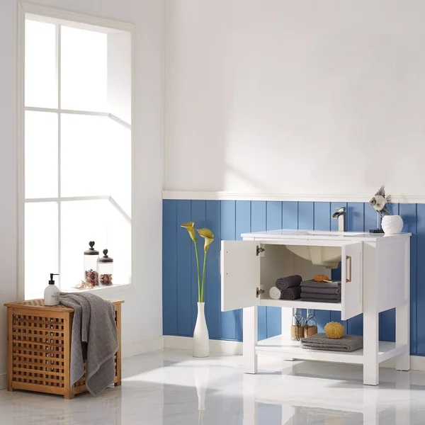 Vinnova Grayson 36x22 Single Vanity in White and Composite Carrara White Stone Countertop Without Mirror