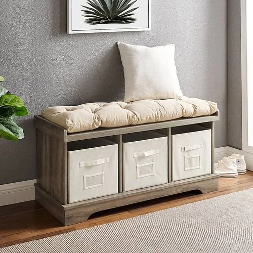 Walker Edison - Rustic Farmhouse Entryway Storage Bench with Totes - Gray Wash