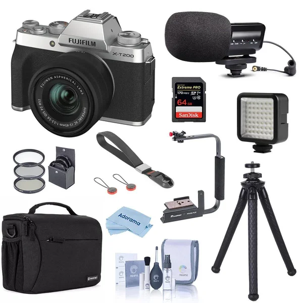 Fujifilm X-T200 Mirrorless Digital Camera with Fujinon XC 15-45mm f/3.5-5.6 Optical Image Power Zoom Lens Silver - Bundle with S