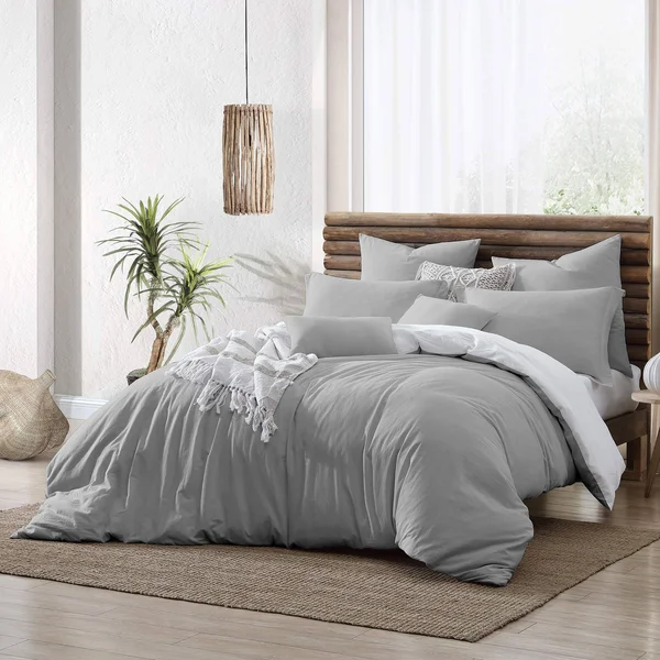 Swift Home Valatie 100% Cotton Garment Washed & Dyed Reversible Duvet Cover Set - Twin/Twin XL - Silver/White