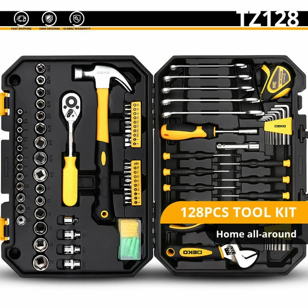 Deko 128pc Mechanics Hand Tool Kit Set Deluxe Metric Socket Wrench Screwdriver