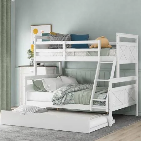 Euroco Wood Twin Over Full Bunk Bed with Trundle for Kids & Adults - White, Size: Twin u003EFull