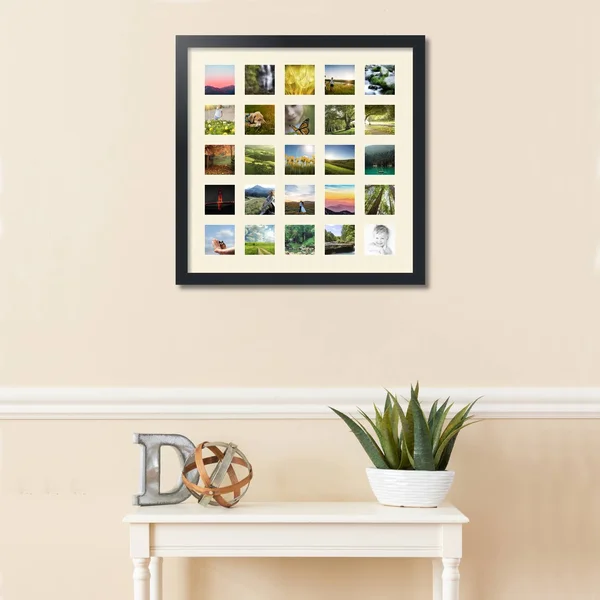 Collage Picture Frame - Satin Black Frame with 25 openings for 3x3 Photos with White Ivory Mat. D3926FY2093, ArtToFrames