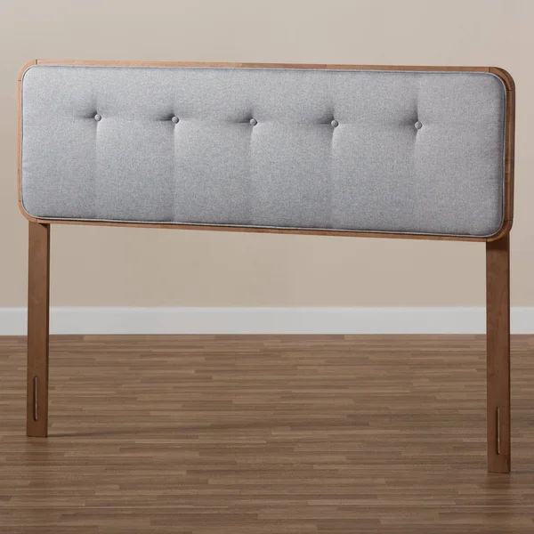 Baxton Studio Palina Mid-Century Modern Light Grey Fabric Upholstered Walnut Brown Finished Wood Queen Size Headboard