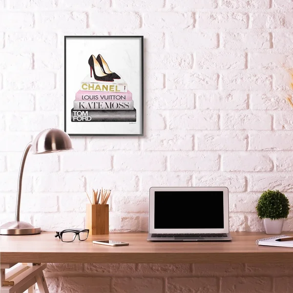 Stupell Industries Fashion Designer Shoes Bookstack Pink Black Watercolor Framed Wall Art by Amanda Greenwood, Size: 24 x 30