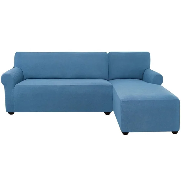 Subrtex L-Shaped Right Chaise Textured Grid Spandex Stretch Box Cushion Sofa Slipcover - Denim Blue, SBTRIGHT-DENIM Blue