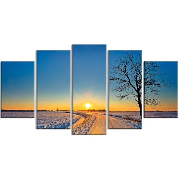 Design Art Distant Sunset in Winter - Landscape Photography Canvas Print - Yellow - 60 in. Wide x 32 in. High - 5 Panels Diamond