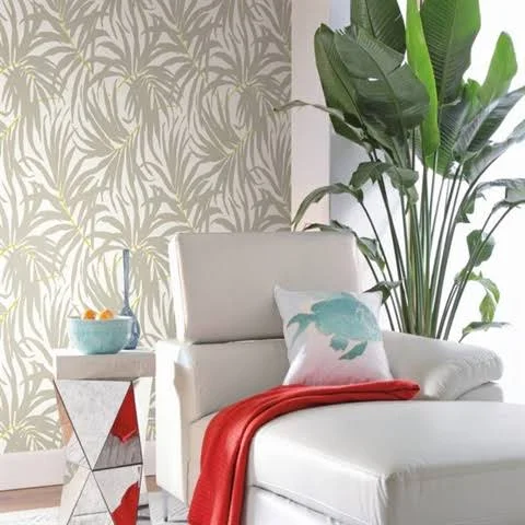 Ashford Tropics 27& x 27x22 Bali Leaves Wallpaper Roll Color: Off White - Medium Grey, Bright Yellow/Green