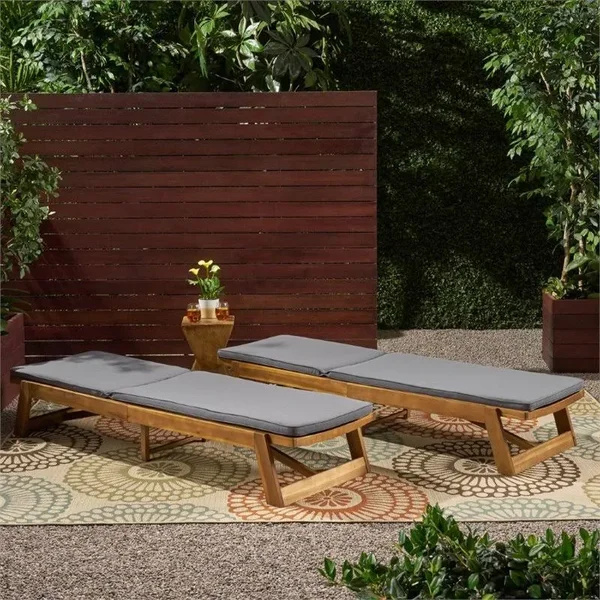 Noble House Maki Outdoor Acacia Wood Chaise Lounge in Teak and Gray (Set of 2)