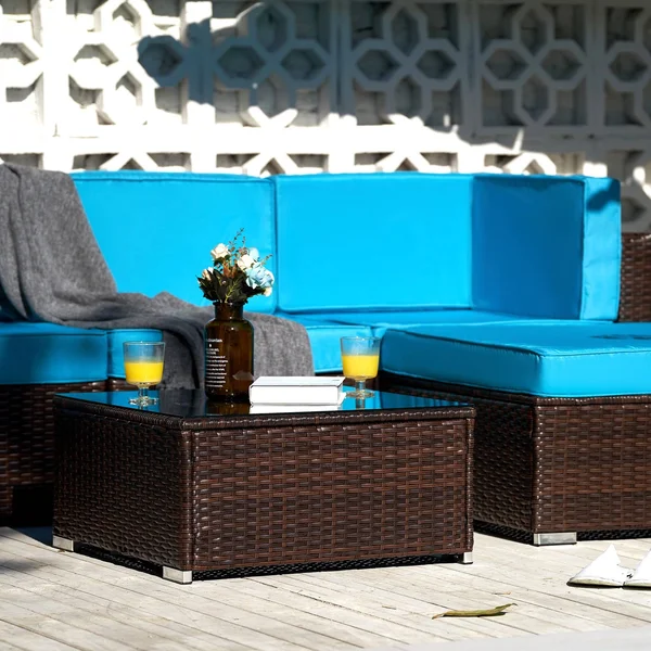 CO-Z 5 Pcs Outdoor Patio Furniture Set - Sectional Sofa, Table - Walnut & Blue, 29.5 x 29.5 x 25 in